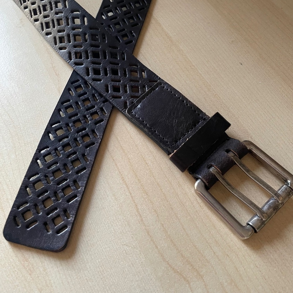 Leather Belt Laser Cut‎ Double Prong Black Boho Western Indie 35-39 inches waist